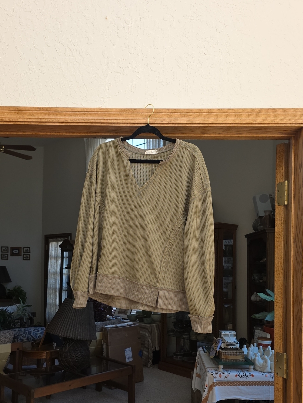 New In Olive Green Waffle Knit V-Neck Top